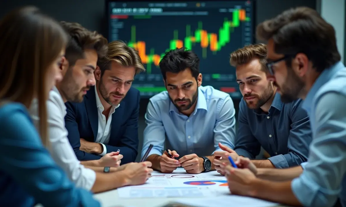 Grupo diversificado de brasileiros analisando gráficos financeiros de renda fixa.
