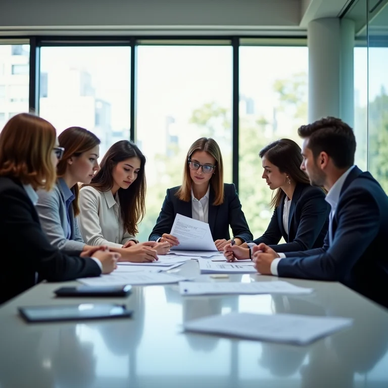 Grupo diversificado de pessoas analisando documentos financeiros em um escritório moderno.