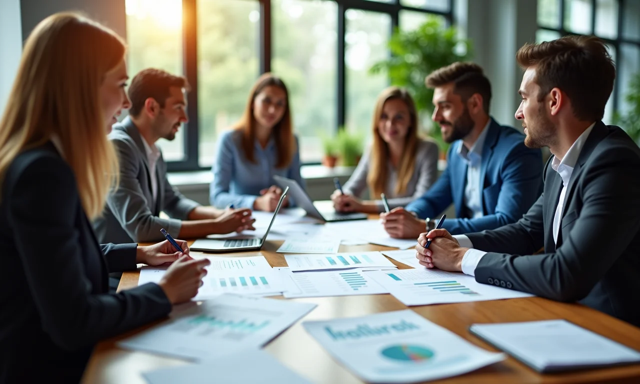 Grupo diversificado de profissionais em brainstorming sobre fatores políticos e econômicos da análise PESTEL em escritório moderno.