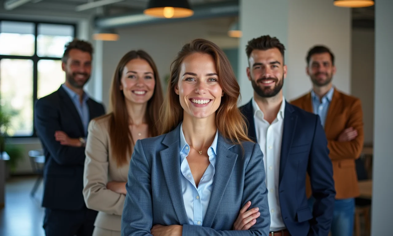 Grupo diversificado de profissionais em escritório moderno, simbolizando igualdade de oportunidades no trabalho.