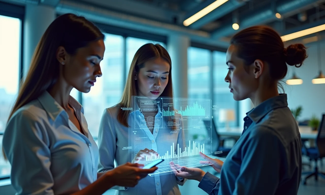 Grupo diverso analisando dados de comportamento do cliente em display holográfico.