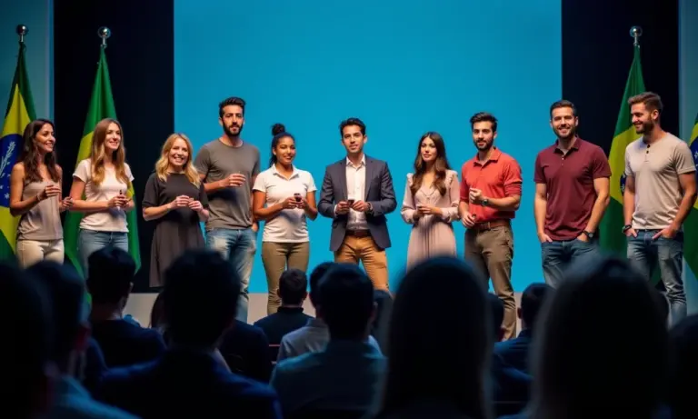 Grupo diverso apresentando ideias inovadoras em palco iluminado.