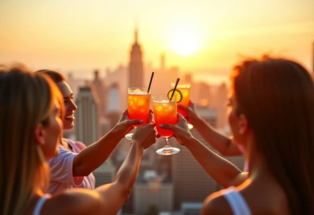 Grupo diverso brindando em rooftop ensolarado, simbolizando um ano sabático.