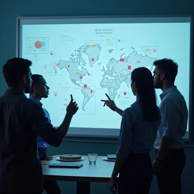Grupo diverso colaborando em um quadro branco digital.