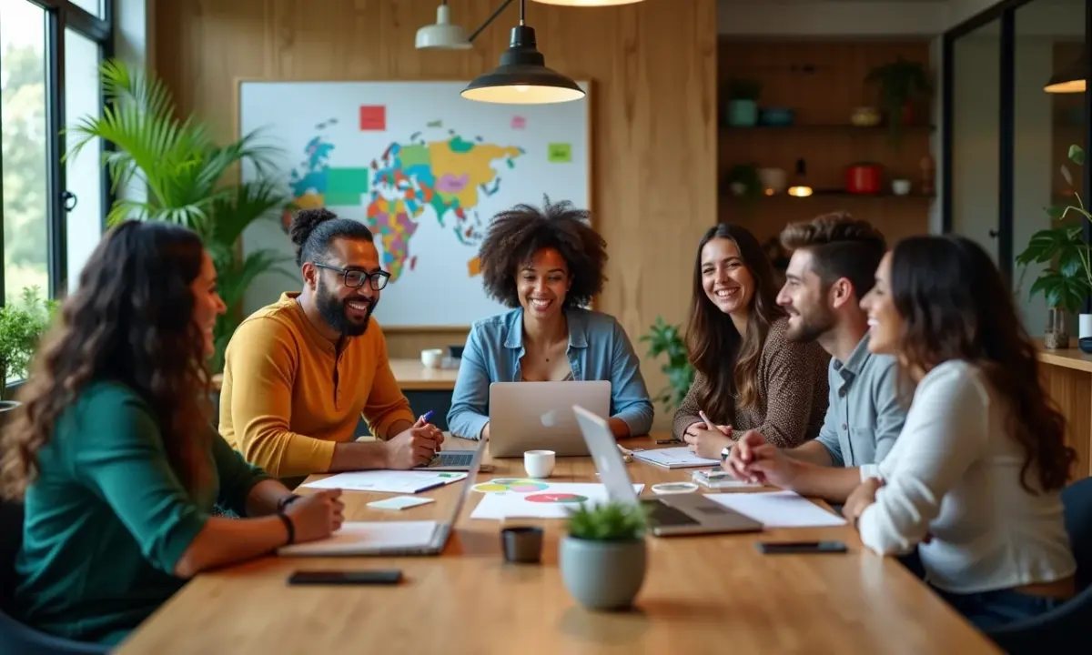 Grupo diverso colaborando na criação de identidade visual em escritório vibrante.