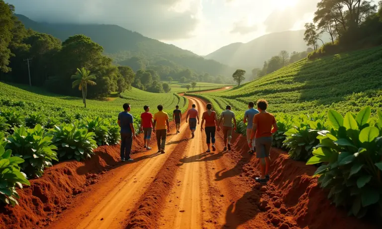 Grupo diverso construindo estrada colorida simbolizando a jornada do cliente.