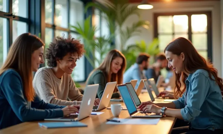 Inovação na Educação O Futuro do Aprendizado em 2025 Grupo diverso de adultos colaborando em espaço de co-working moderno, representando o futuro da educação.