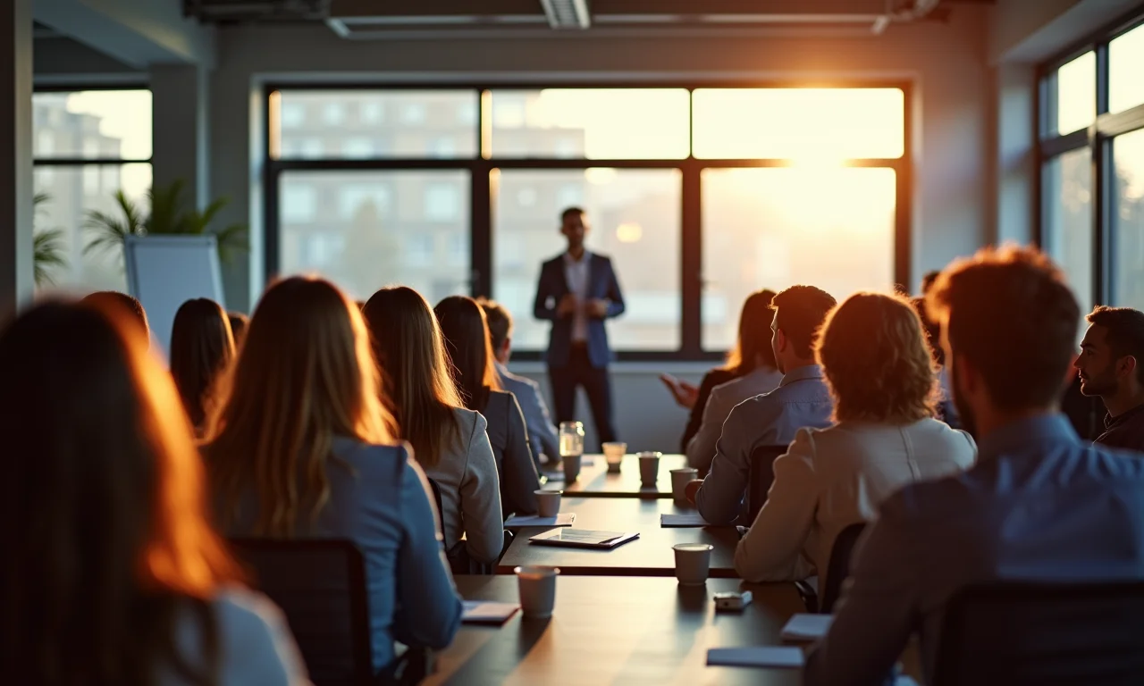Grupo diverso de afiliados participando de workshop de treinamento em espaço de coworking brasileiro.