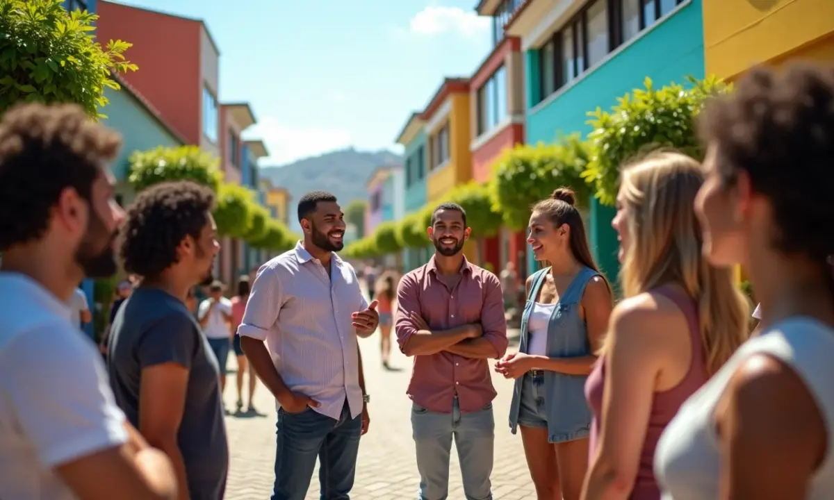 Grupo diverso de brasileiros debatendo em praça pública sobre o futuro da democracia.