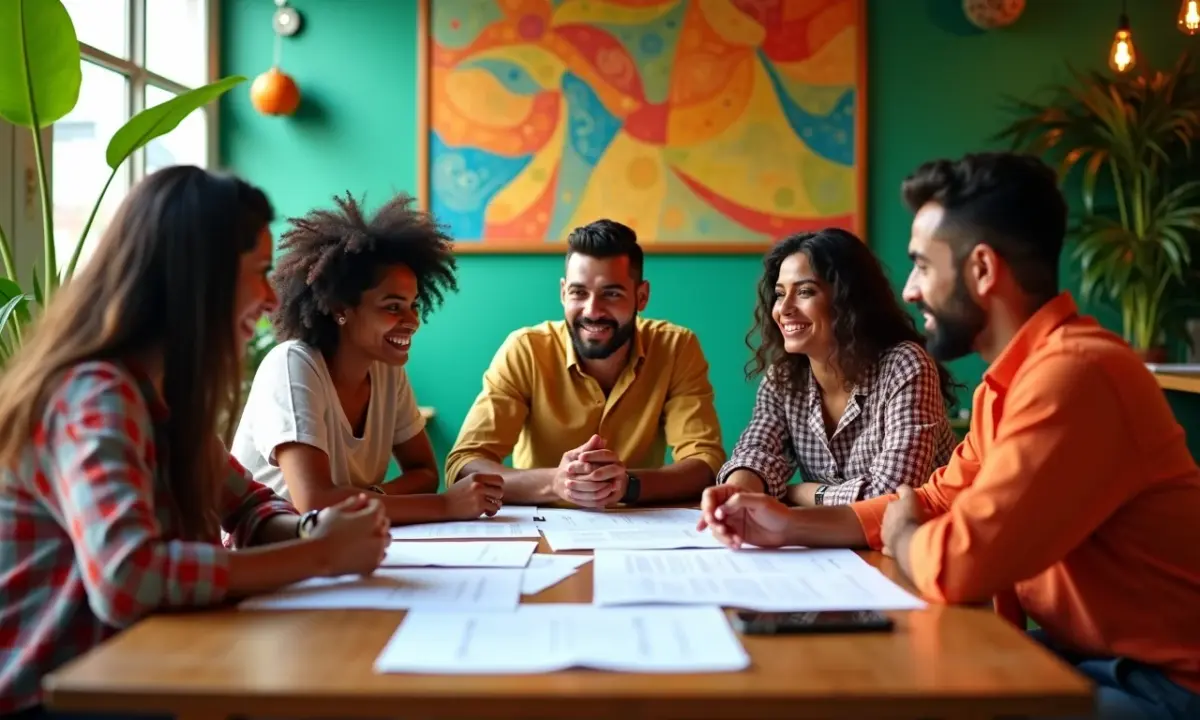 Como Se Tornar um Planejador Financeiro e Ajudar as Pessoas a Ter uma Vida Financeira Melhor Grupo diverso de brasileiros planejando finanças em um ambiente acolhedor e vibrante.