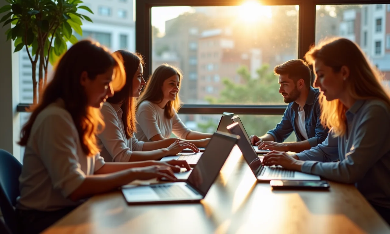 Grupo diverso de brasileiros trabalhando em laptops, buscando aumentar sua renda.