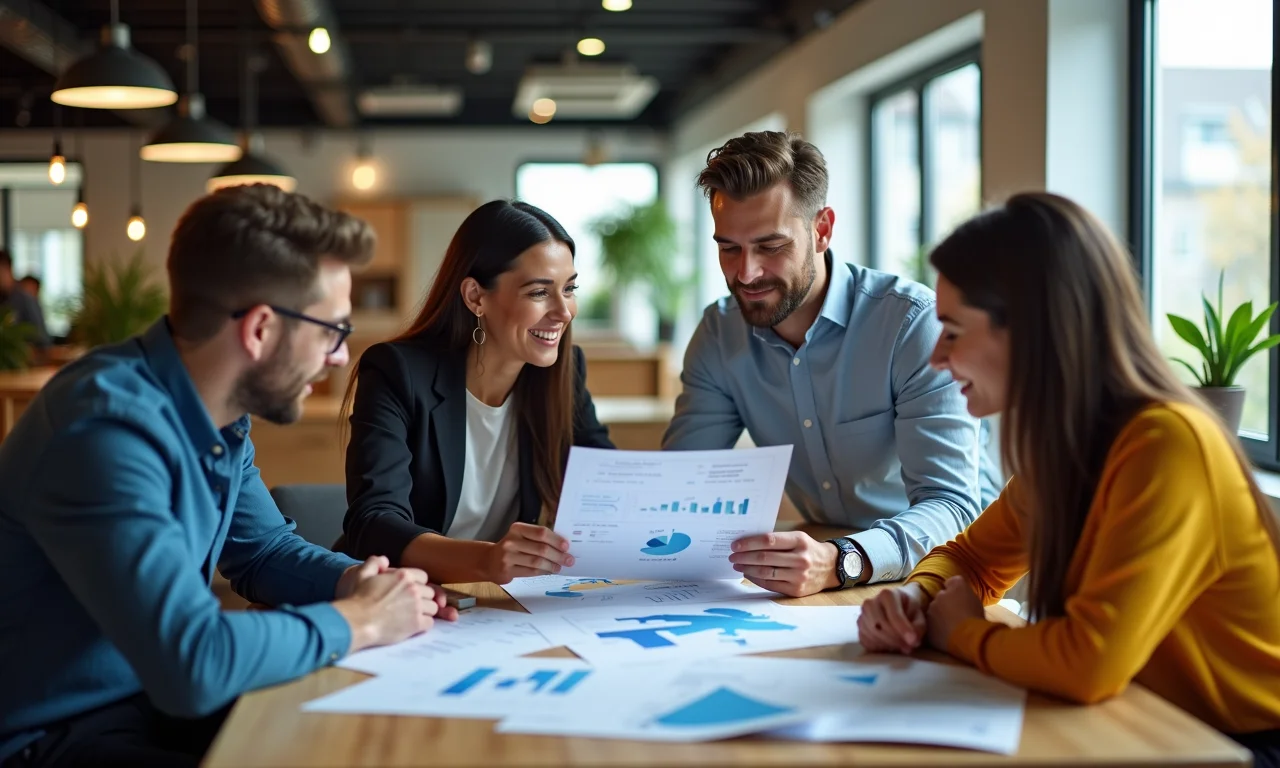 Grupo diverso de empreendedores analisando dados e tendências de mercado.