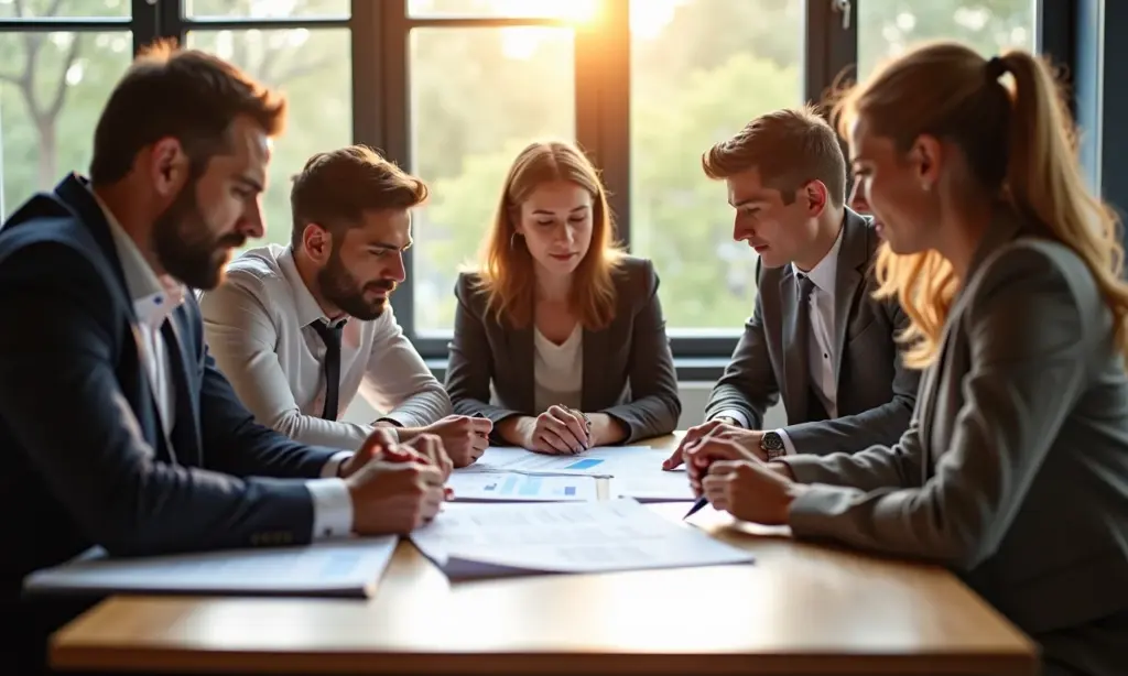 Grupo diverso de empreendedores analisando finanças em um ambiente iluminado.