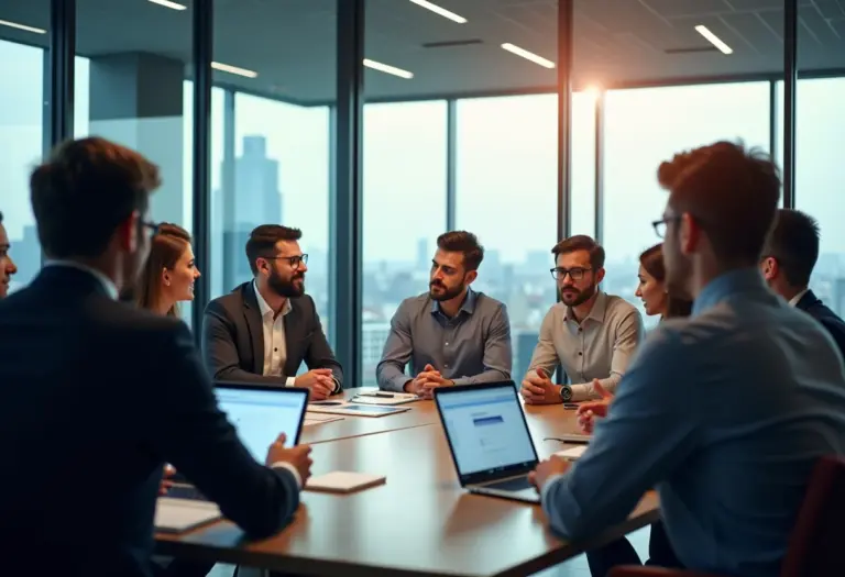 Grupo diverso de empreendedores em brainstorming para modelos de negócio inovadores