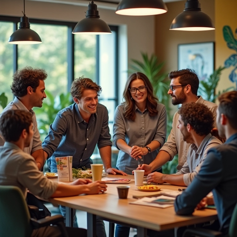 Grupo diverso de empreendedores em brainstorming para spin-off.