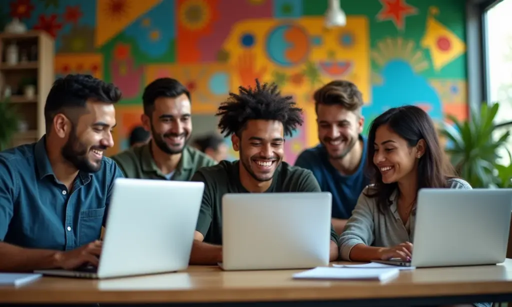 Grupo diverso de empreendedores MEI trabalhando juntos em espaço de coworking vibrante.