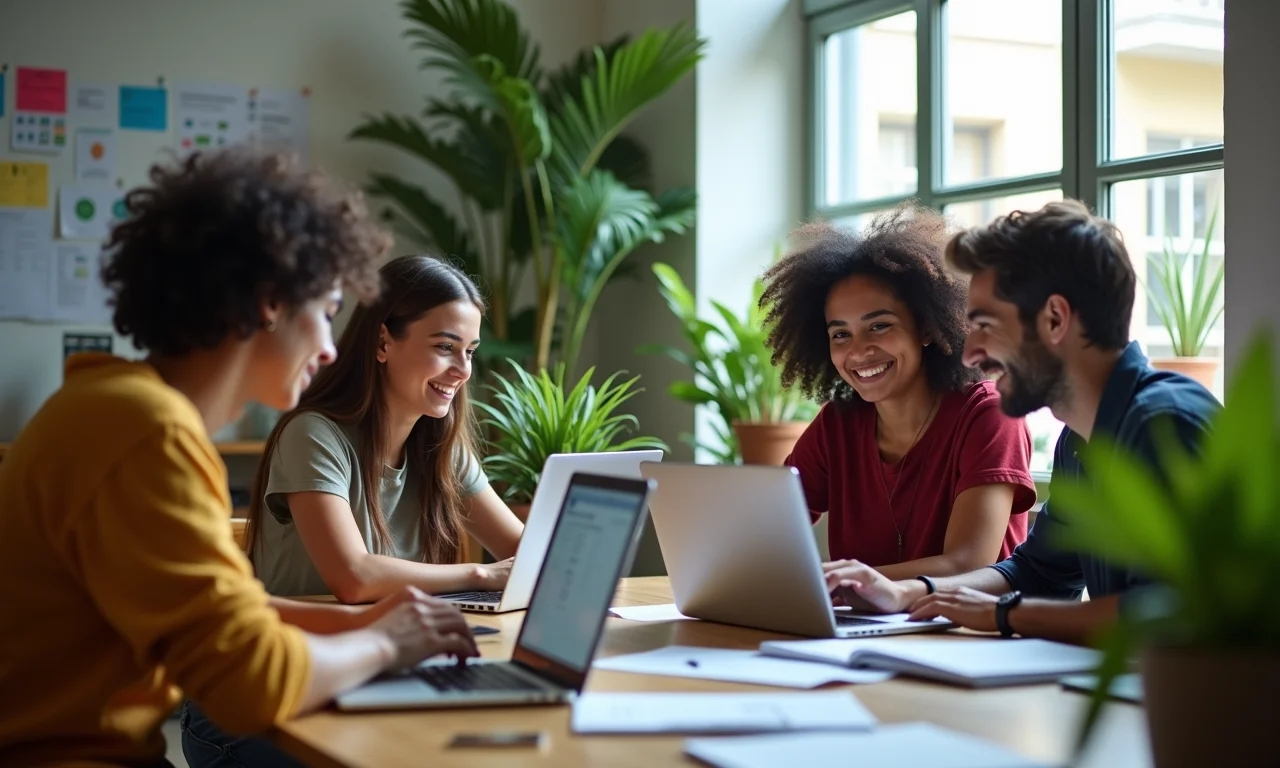 Grupo diverso de estudantes brasileiros colaborando em um projeto digital em um espaço de co-working moderno.