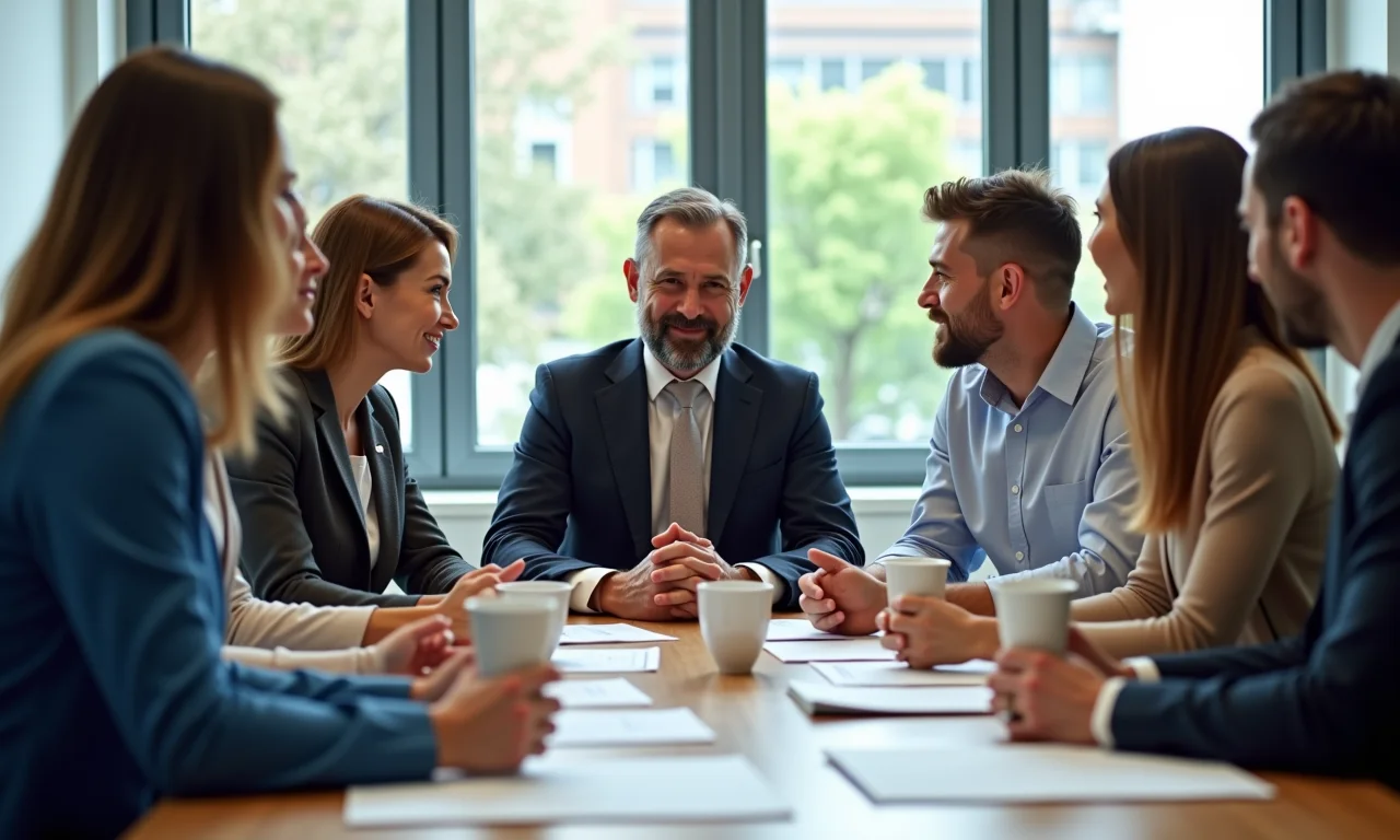 Grupo diverso de funcionários negociando estratégias para a PLR.