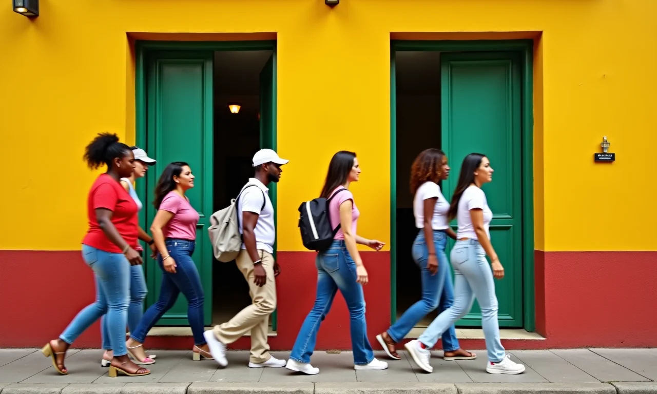Grupo diverso de pessoas entrando em filial recém-inaugurada