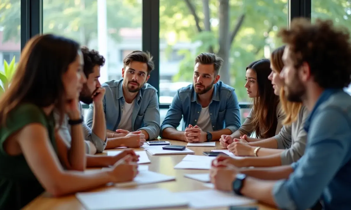 Grupo diverso de profissionais reunidos em torno de uma mesa, ouvindo atentamente uma apresentação sobre como atrair startups.