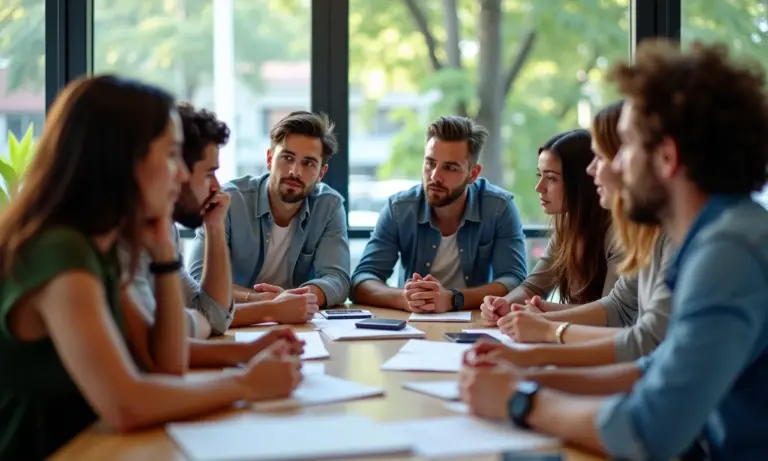 Como fazer um pitch reverso para atrair startups Grupo diverso de profissionais reunidos em torno de uma mesa, ouvindo atentamente uma apresentação sobre como atrair startups.
