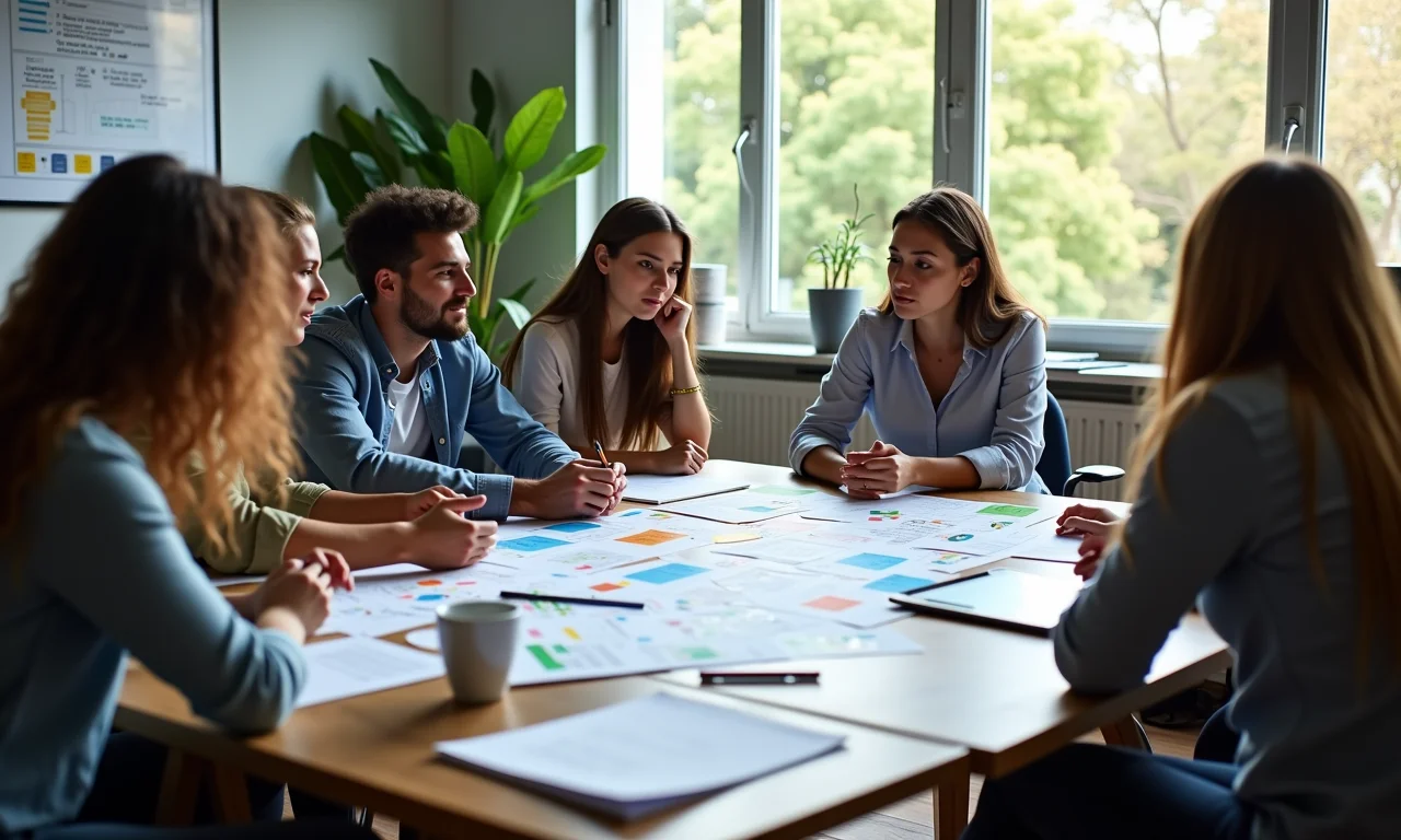 Grupo diverso fazendo brainstorming de nomes de domínio.