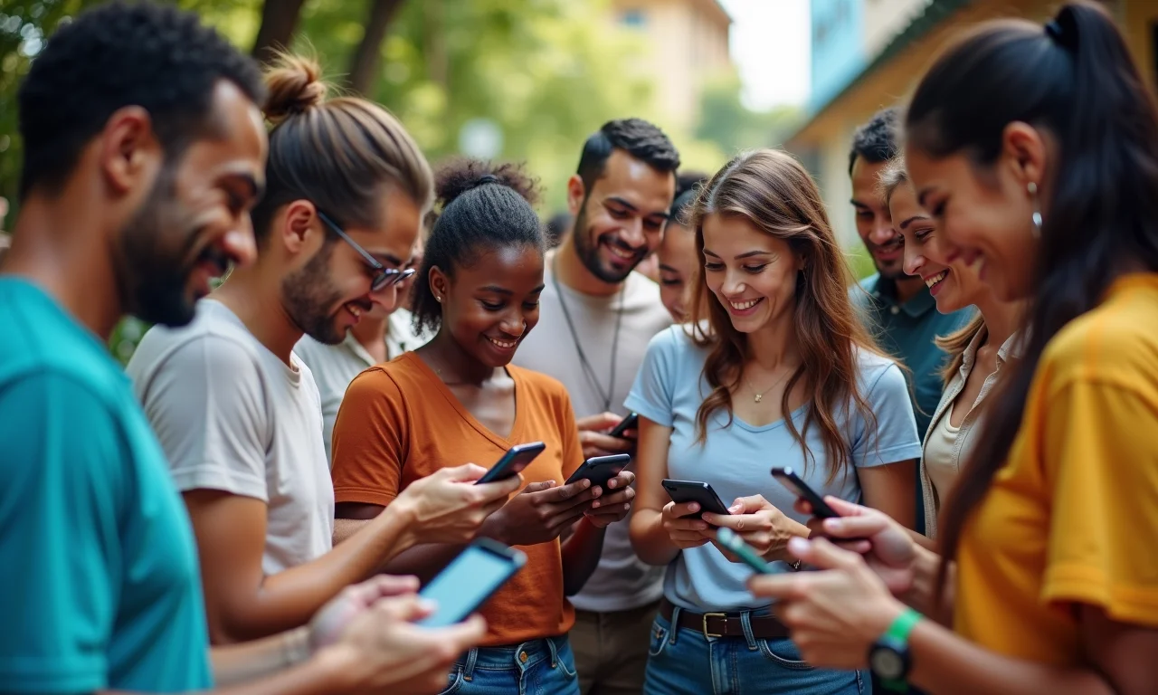 Grupo diverso lendo reviews de produtos em seus smartphones.