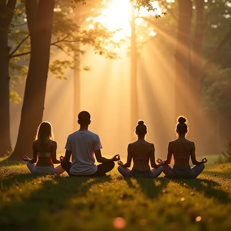 Grupo diverso meditando em ambiente natural durante um ano sabático.