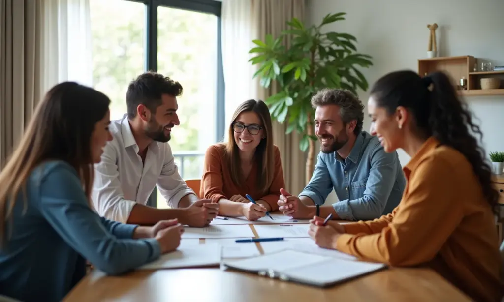 Grupo diverso planeja finanças em lar brasileiro moderno.