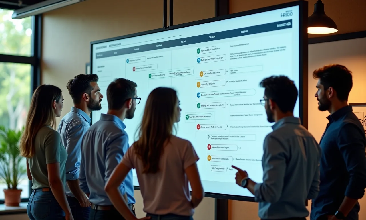 Grupo diverso revisando cronograma detalhado do roadmap em tela touchscreen.