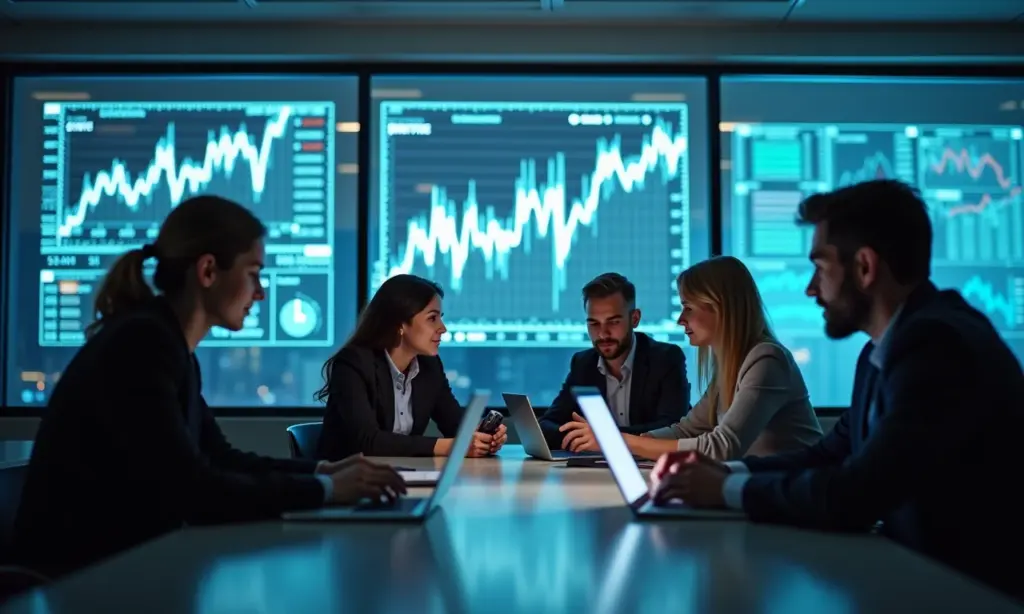 Grupo diverso trabalhando em espaço de coworking moderno com visualizações de dados financeiros em telas.