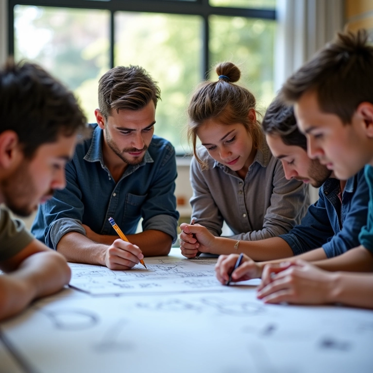 Grupo diverso trabalhando junto em projeto de aprendizagem baseada em projetos.