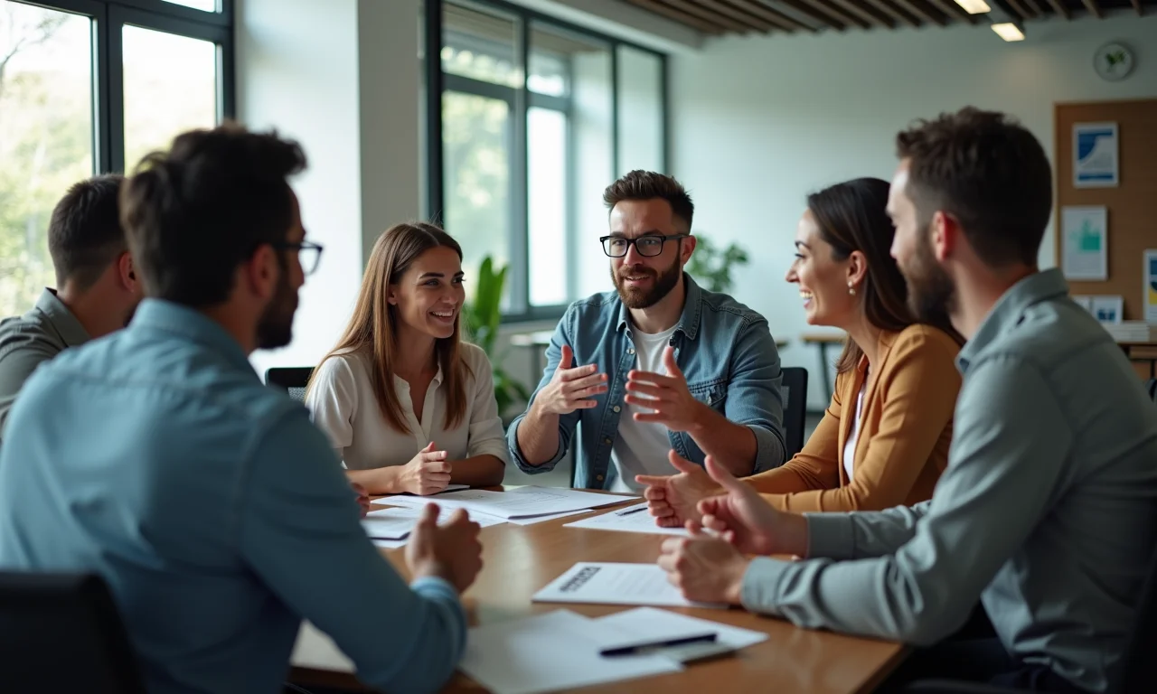 Grupo engajado em discussão dinâmica sobre inovação.