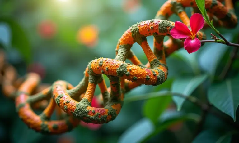 Inovação em biotecnologia: 5 avanços incríveis Hélice de DNA com flora brasileira, representando inovação em biotecnologia.