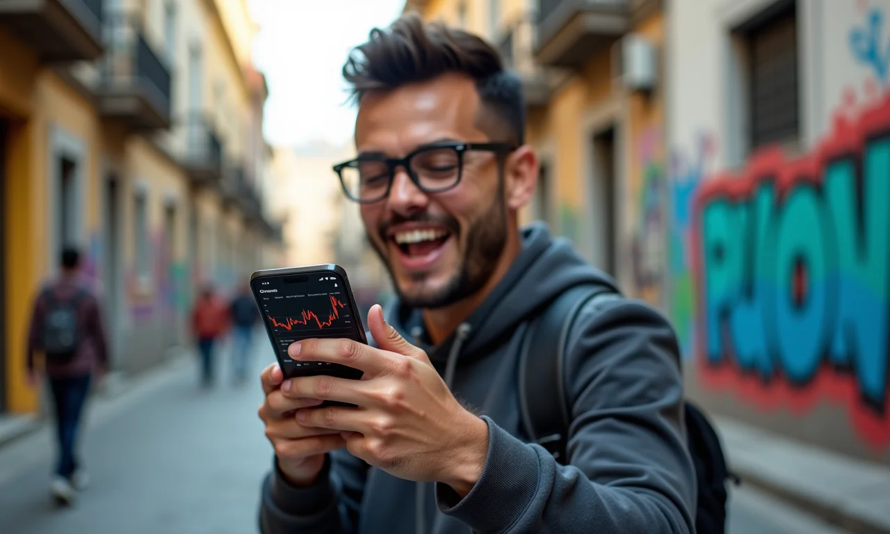 Homem brasileiro arrojado analisa gráfico de criptomoedas no celular.