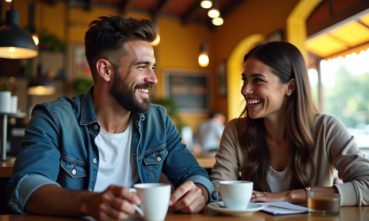 Homem e mulher discutindo opções de plataformas de afiliação em um café brasileiro.