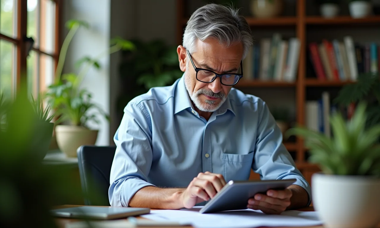 Homem estudando o mercado financeiro em casa.