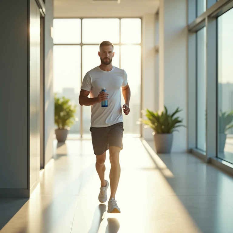 Homem fazendo uma caminhada rápida pelo escritório para energizar o corpo e a mente.