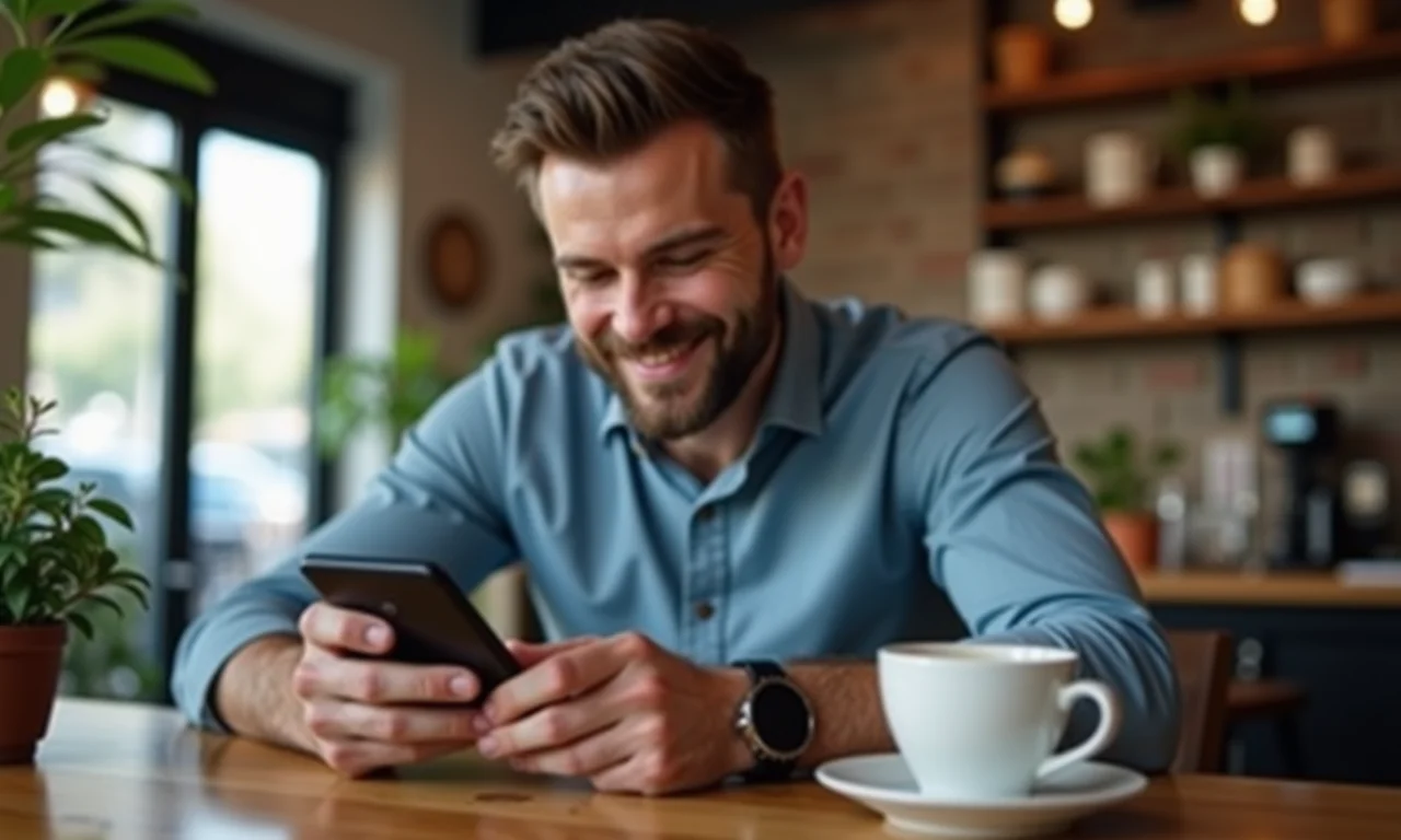 Homem pagando conta com carteira digital em smartphone em cafeteria.