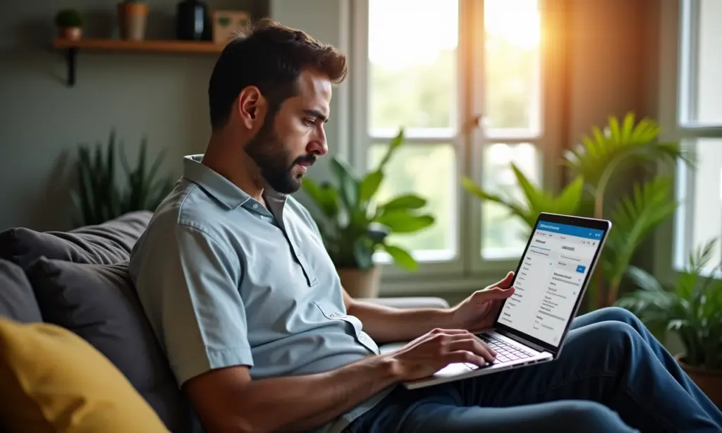 Homem pesquisando preços de veículos na Tabela FIPE em um laptop.