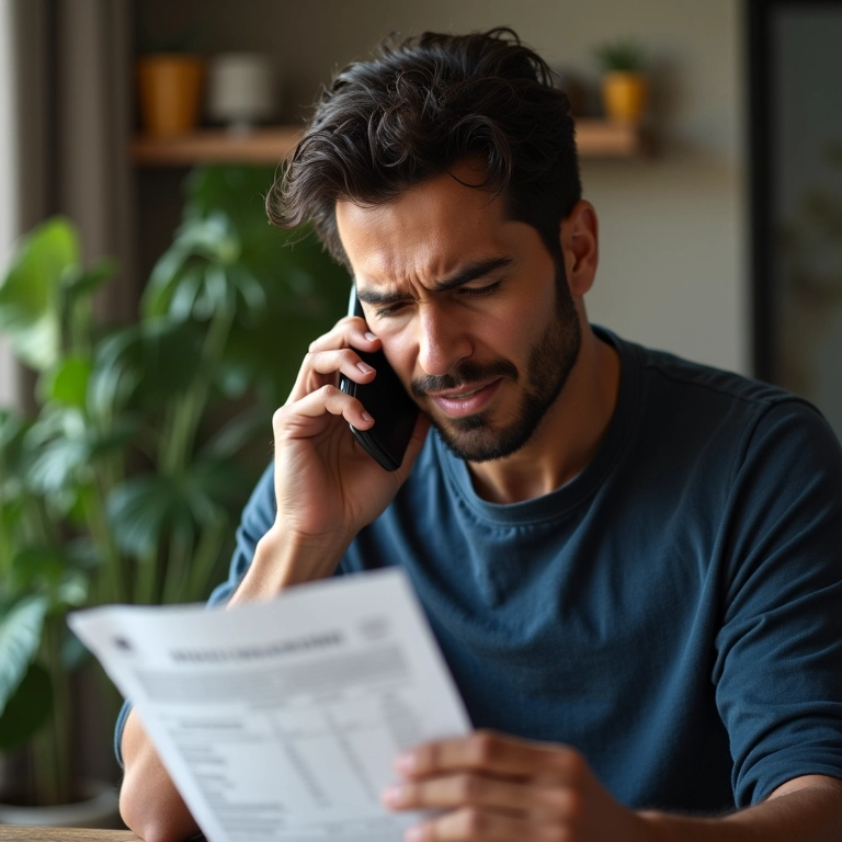 Homem tenta resolver problema bancário diretamente com o banco por telefone.