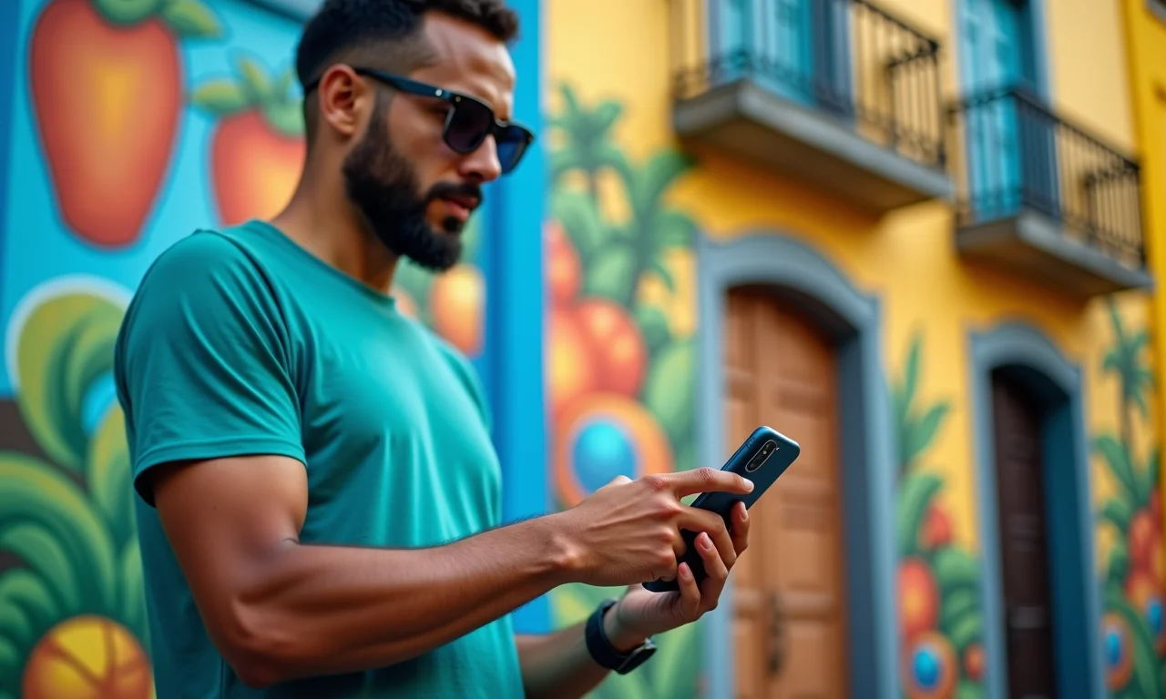 Homem usando Google Maps em frente a prédio colorido no Rio de Janeiro.
