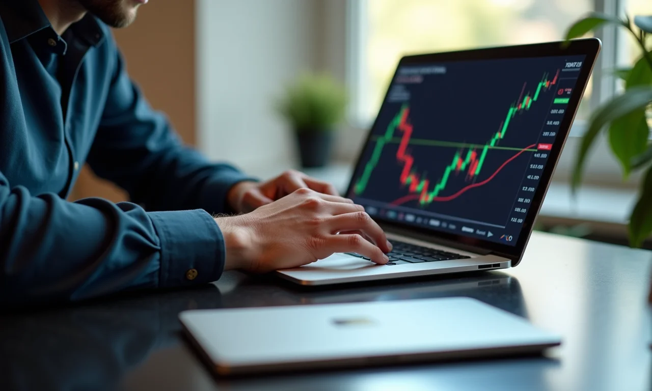 Homem usando laptop para acessar plataforma de corretora com ações internacionais.