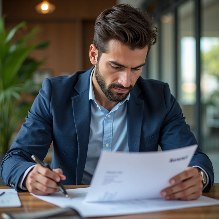 Homem verificando certificações de SEO em escritório moderno.
