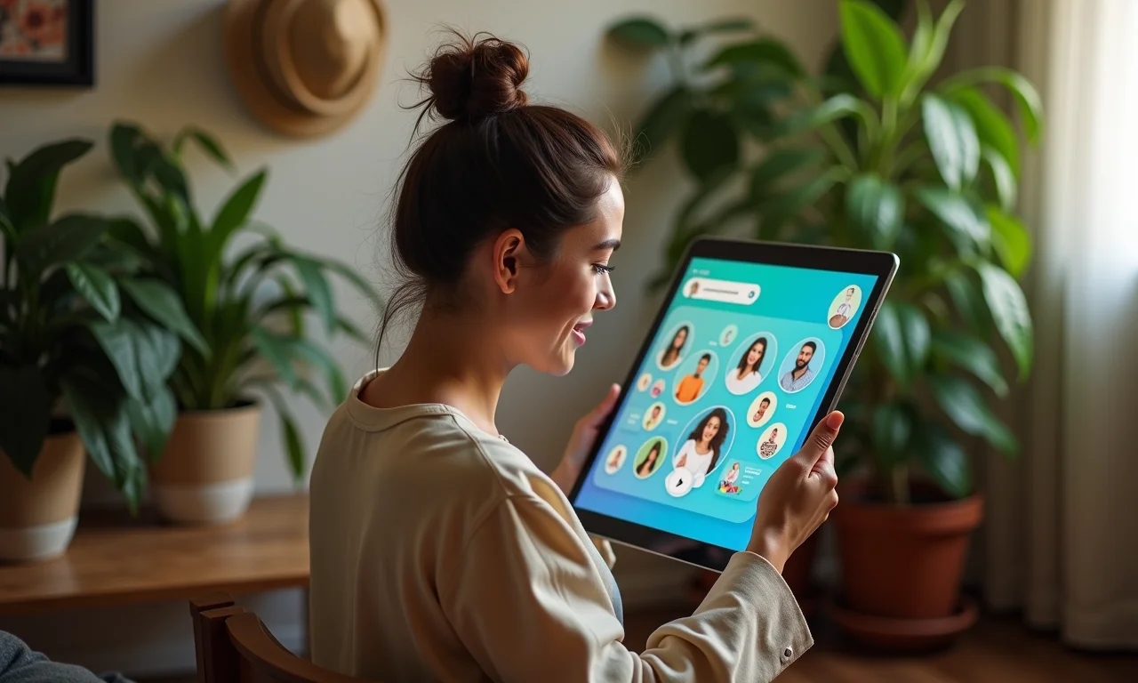 IA gerando conteúdo personalizado em um tablet, em um apartamento brasileiro.