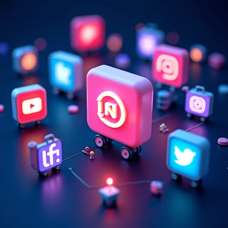 Ícones de redes sociais organizados de forma criativa, representando a divulgação de uma live commerce.