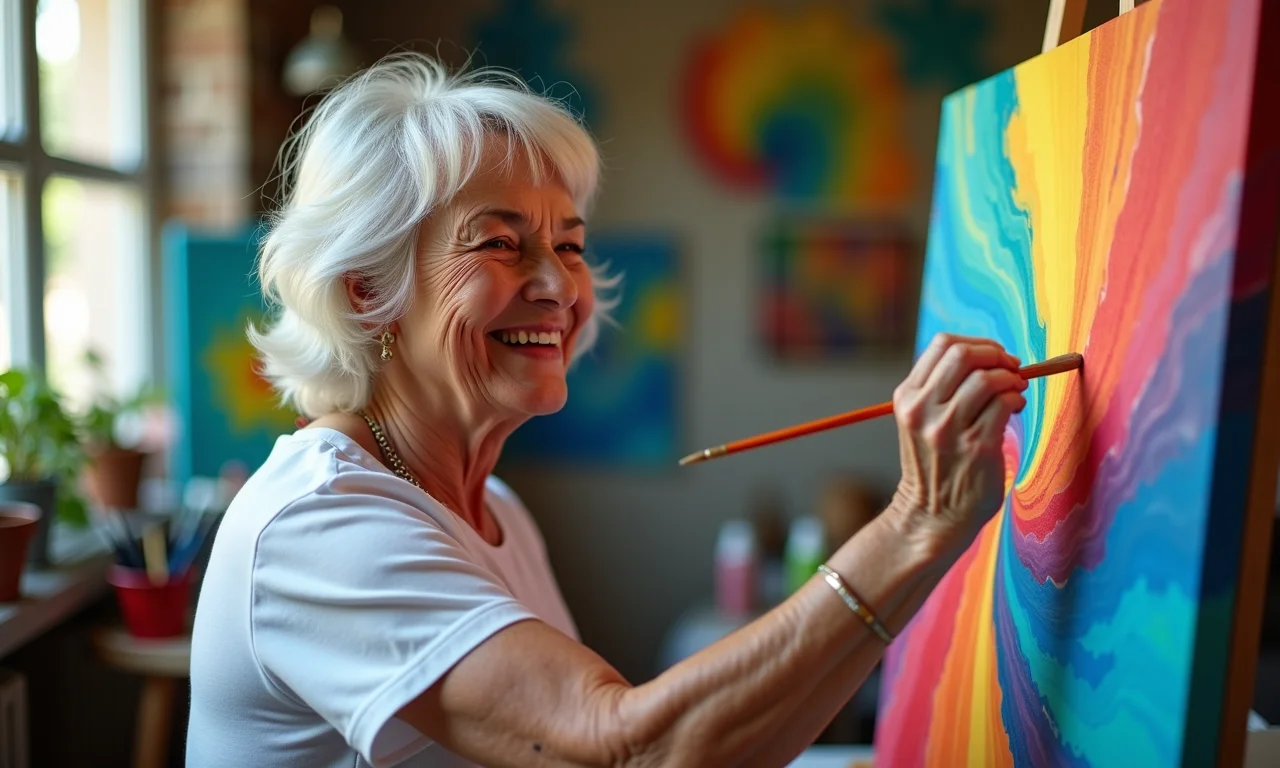 Idosa feliz pintando tela vibrante em ateliê colorido, redescobrindo paixões e expressando sua criatividade.
