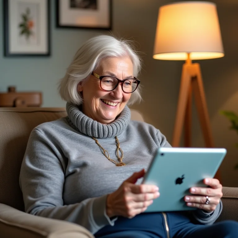 Idoso sorrindo durante uma chamada de vídeo com a família em um tablet.