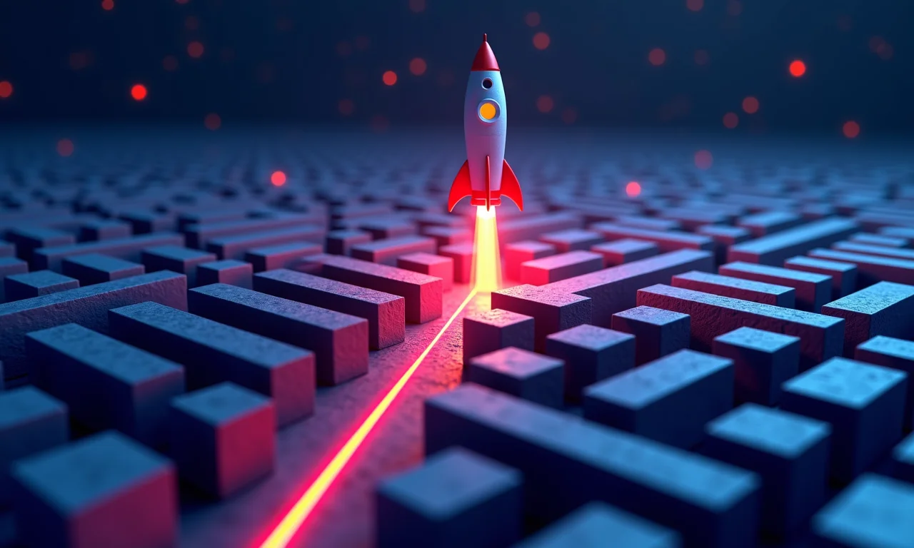 Ilustração do conceito de Growth Hacking com um labirinto e um foguete.