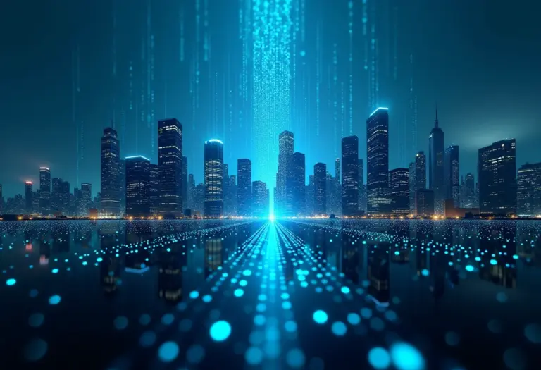 Imagem conceitual da moeda digital brasileira Real Digital em um cenário urbano futurista.